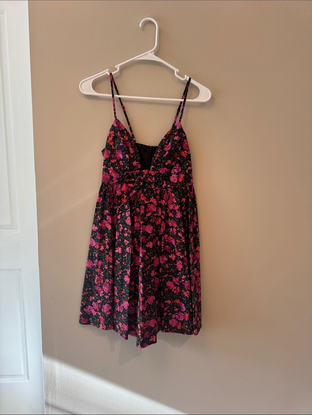 Floral Spaghetti-Strap Slip Dress in Pink on Black
